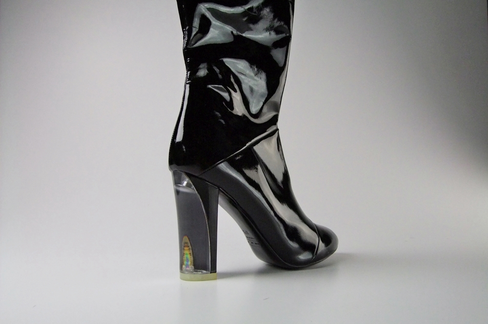  Marc Jacobs Black Patent Leather Knee High Boots With 4" Lucite Heel