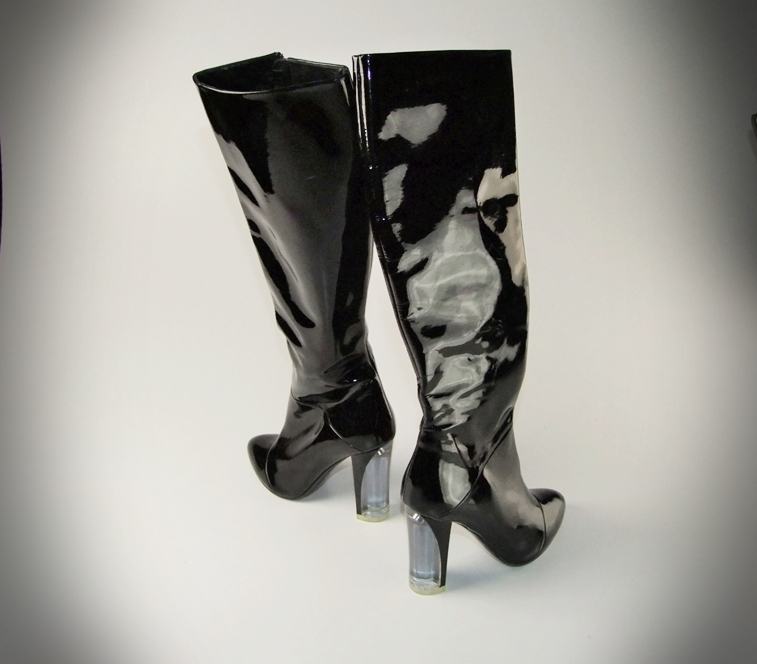  Marc Jacobs Black Patent Leather Knee High Boots With 4" Lucite Heel