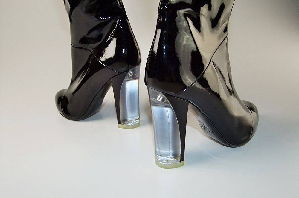  Marc Jacobs Black Patent Leather Knee High Boots With 4" Lucite Heel