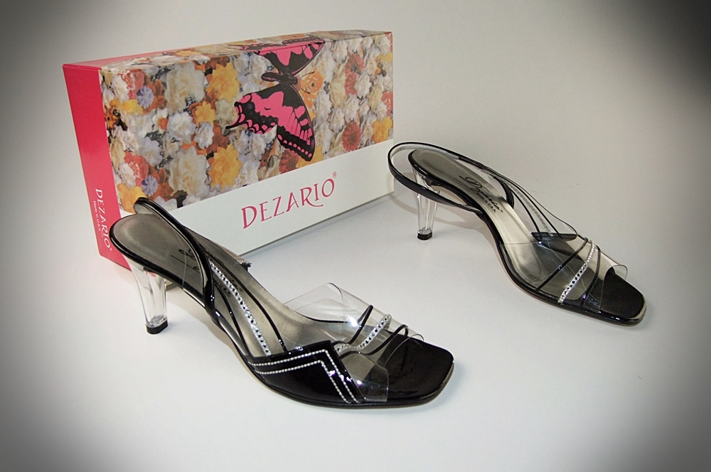 Dezario Bejeweled Black Patent And Lucite 3" Heels