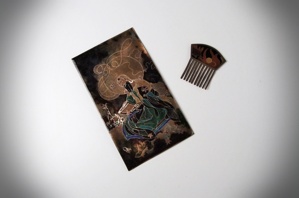 Enameled On Copper Hair Comb And Plaque
