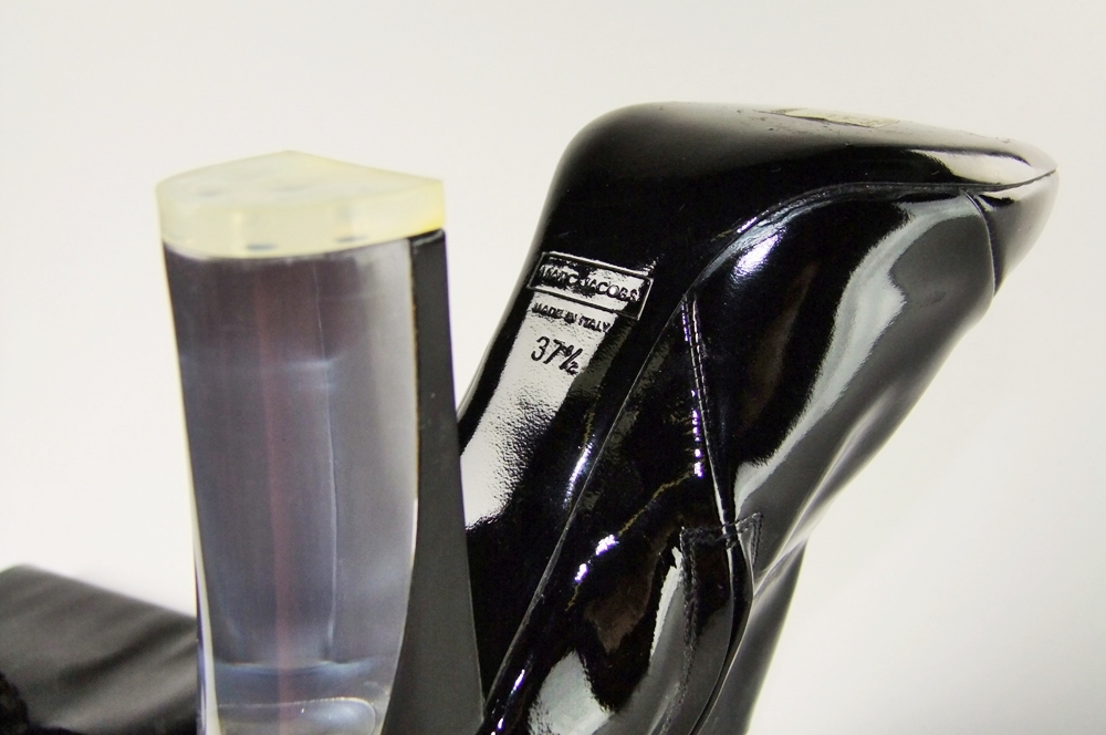  Marc Jacobs Black Patent Leather Knee High Boots With 4" Lucite Heel