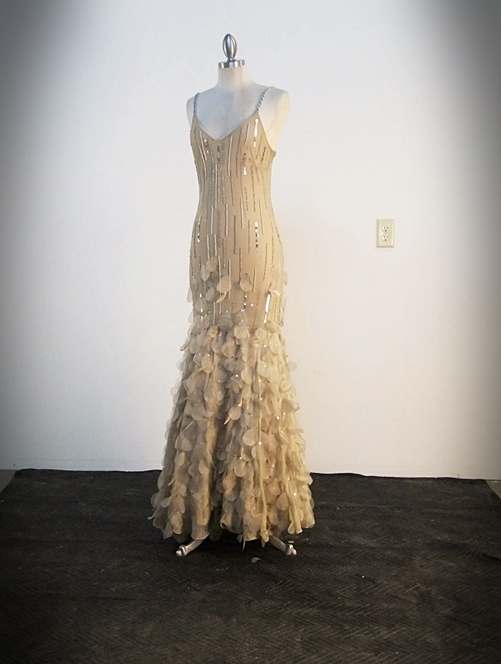 Champagne Hued Silk Evening Gown Embellished With Sequins