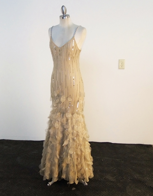 Champagne Hued Silk Evening Gown Embellished With Sequins