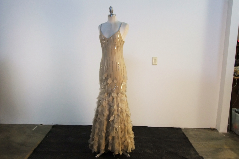 Champagne Hued Silk Evening Gown Embellished With Sequins