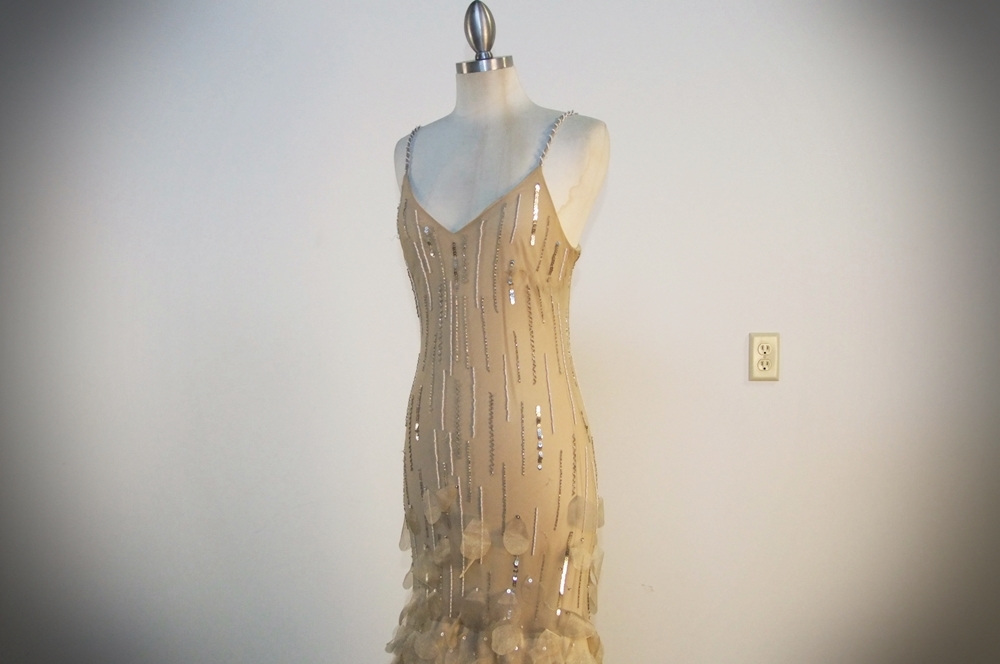 Champagne Hued Silk Evening Gown Embellished With Sequins