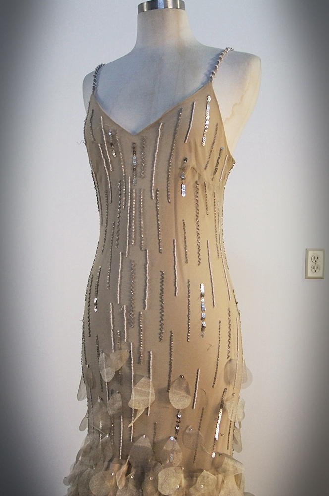 Champagne Hued Silk Evening Gown Embellished With Sequins