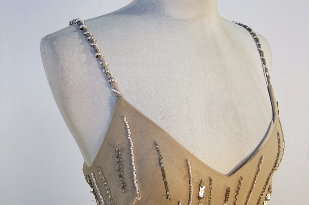 Champagne Hued Silk Evening Gown Embellished With Sequins