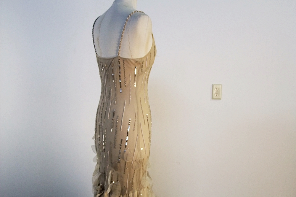 Champagne Hued Silk Evening Gown Embellished With Sequins