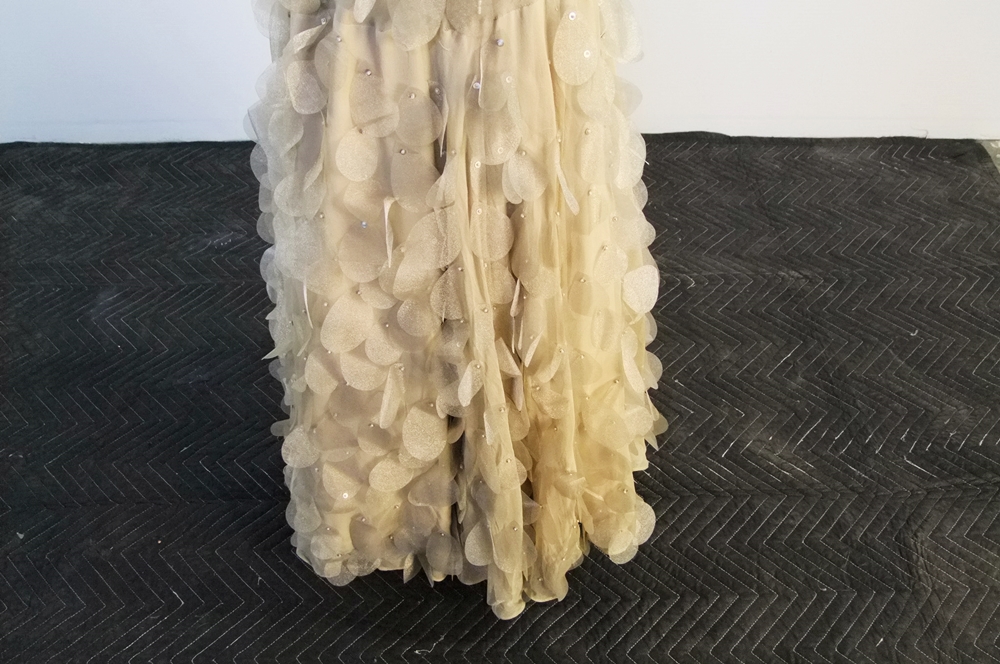 Champagne Hued Silk Evening Gown Embellished With Sequins