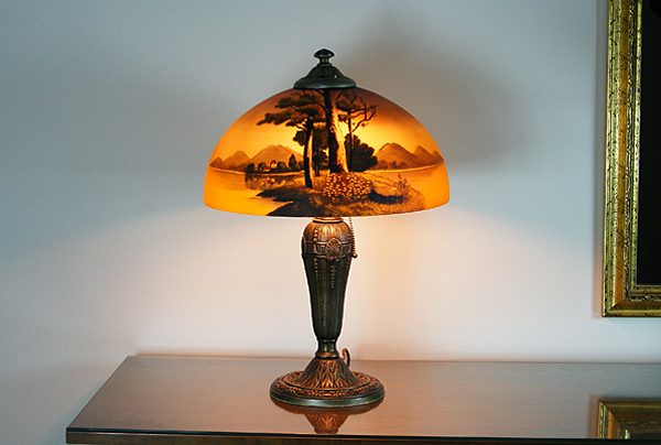 Vintage Handel-Style Lamp with Painted Glass Shade