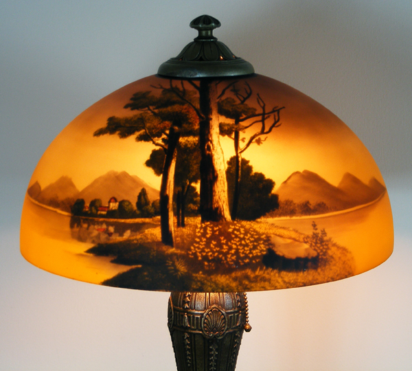Vintage Handel-Style Lamp with Painted Glass Shade