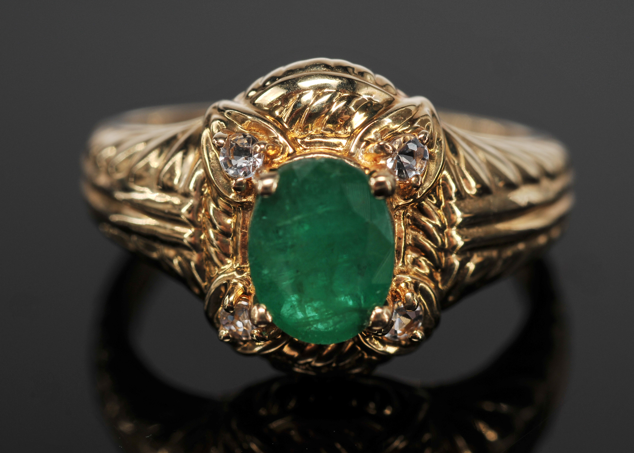 Lady's 14 K Yellow Gold Emerald And Crystal Ring 