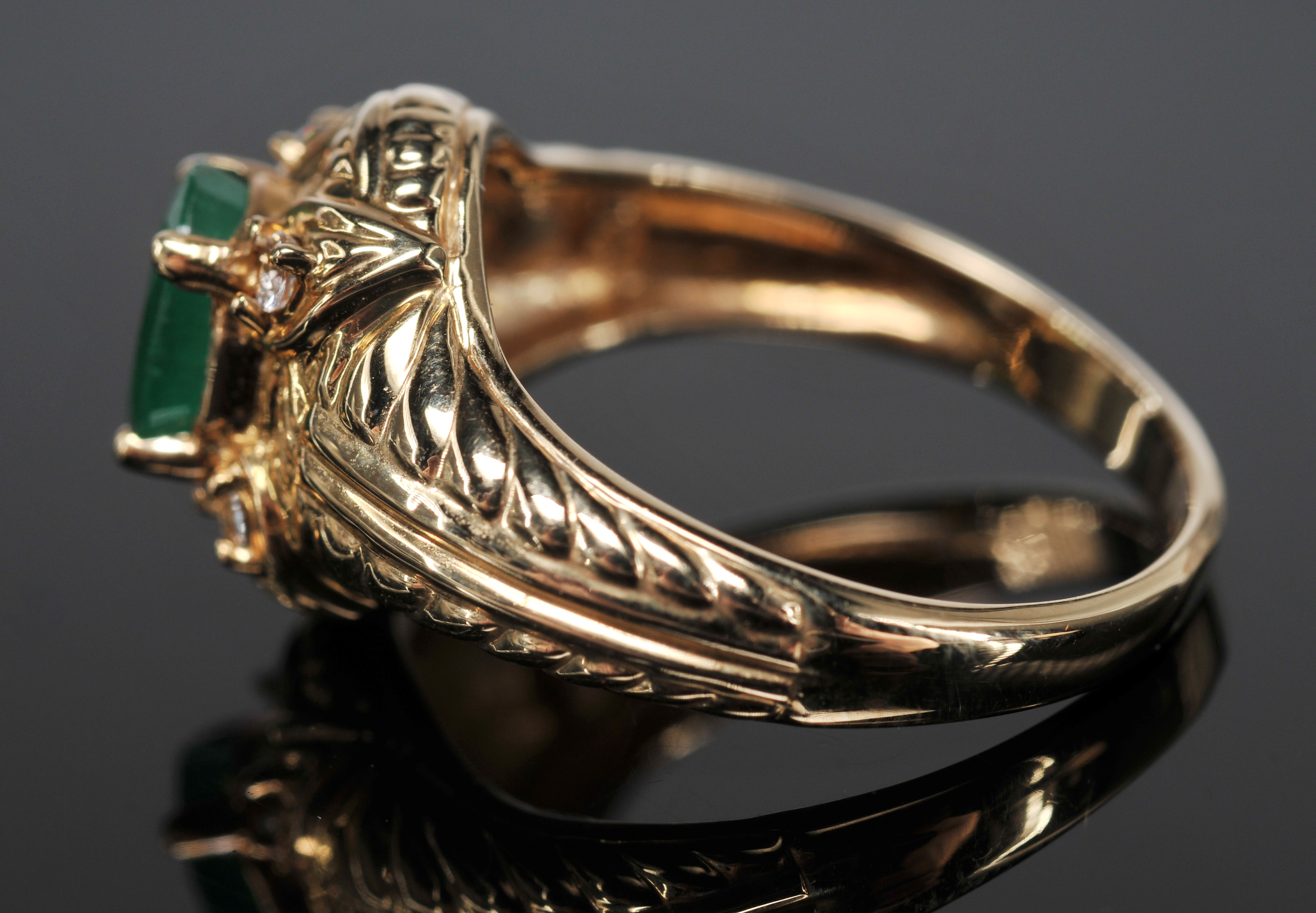 Lady's 14 K Yellow Gold Emerald And Crystal Ring 