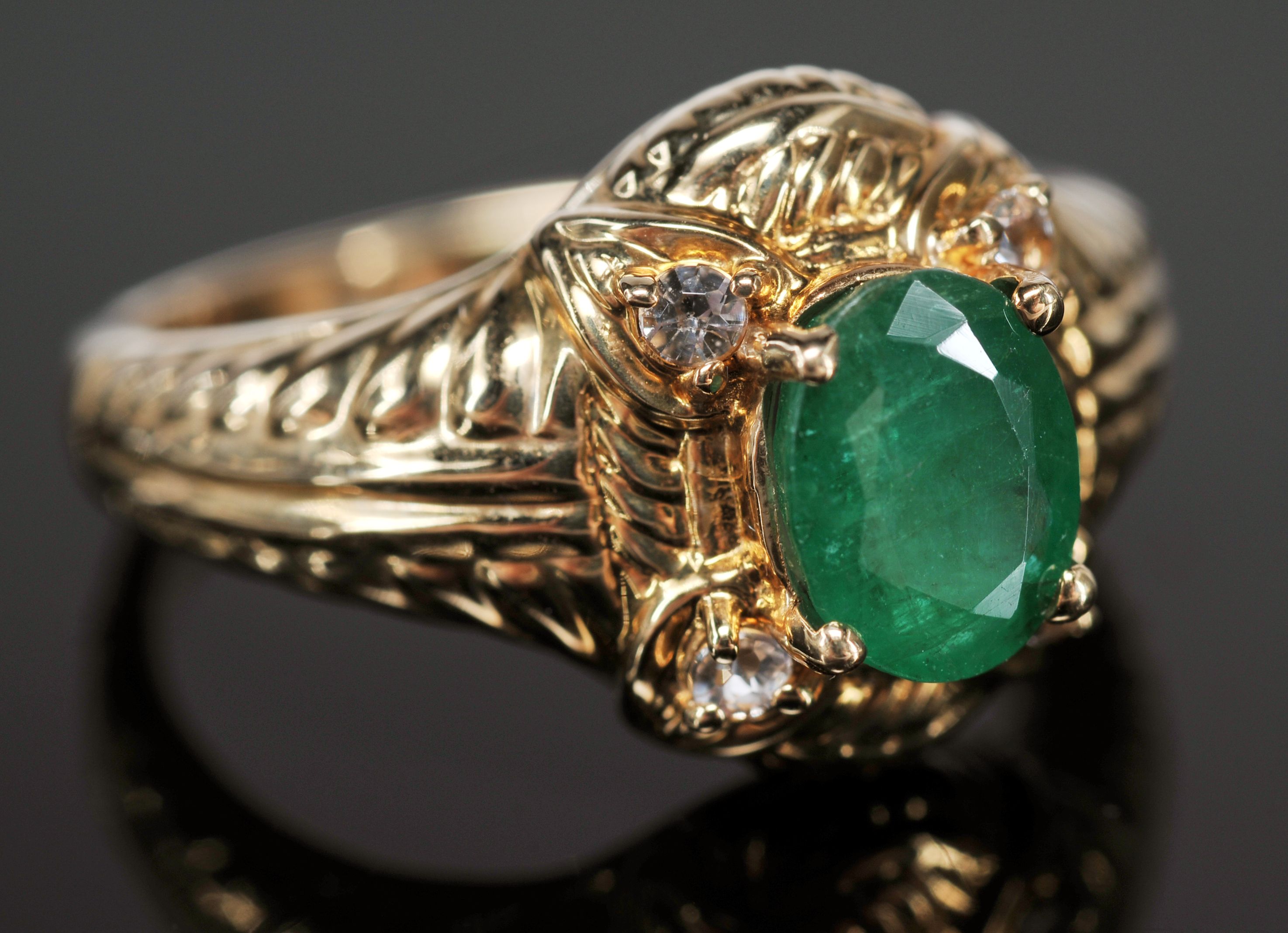 Lady's 14 K Yellow Gold Emerald And Crystal Ring 