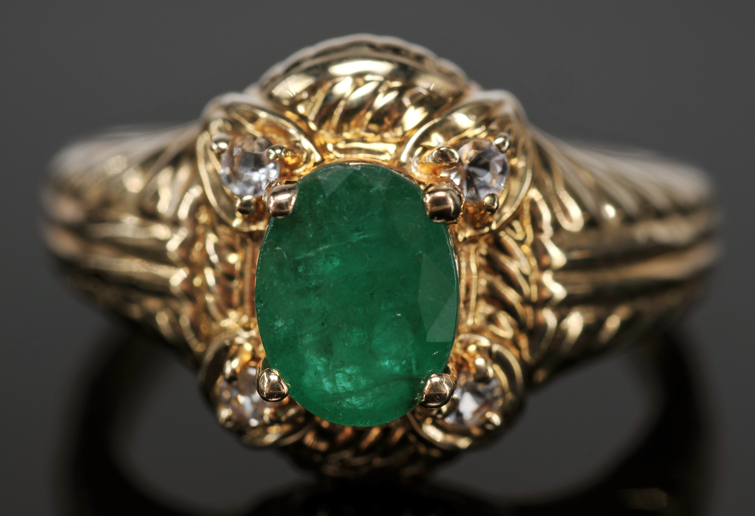 Lady's 14 K Yellow Gold Emerald And Crystal Ring 