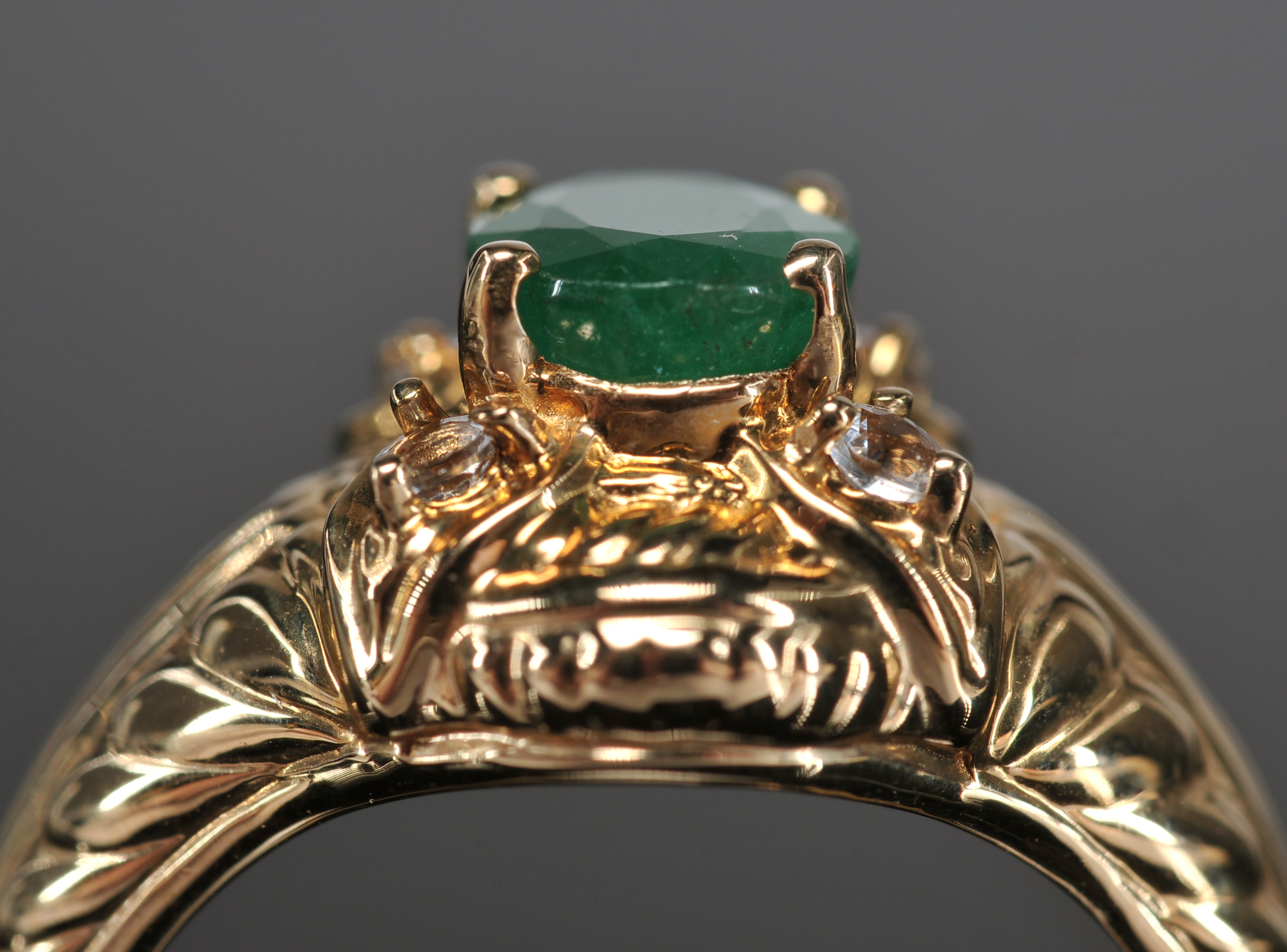 Lady's 14 K Yellow Gold Emerald And Crystal Ring 