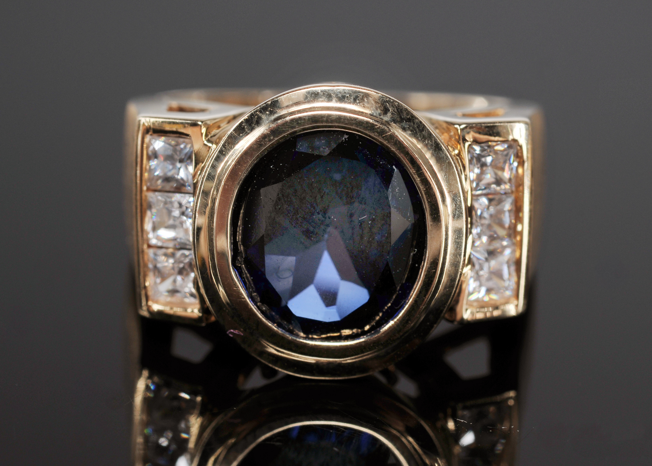 14 K Yellow Gold Ring With Synthetic Clear And Synthetic Blue Stones