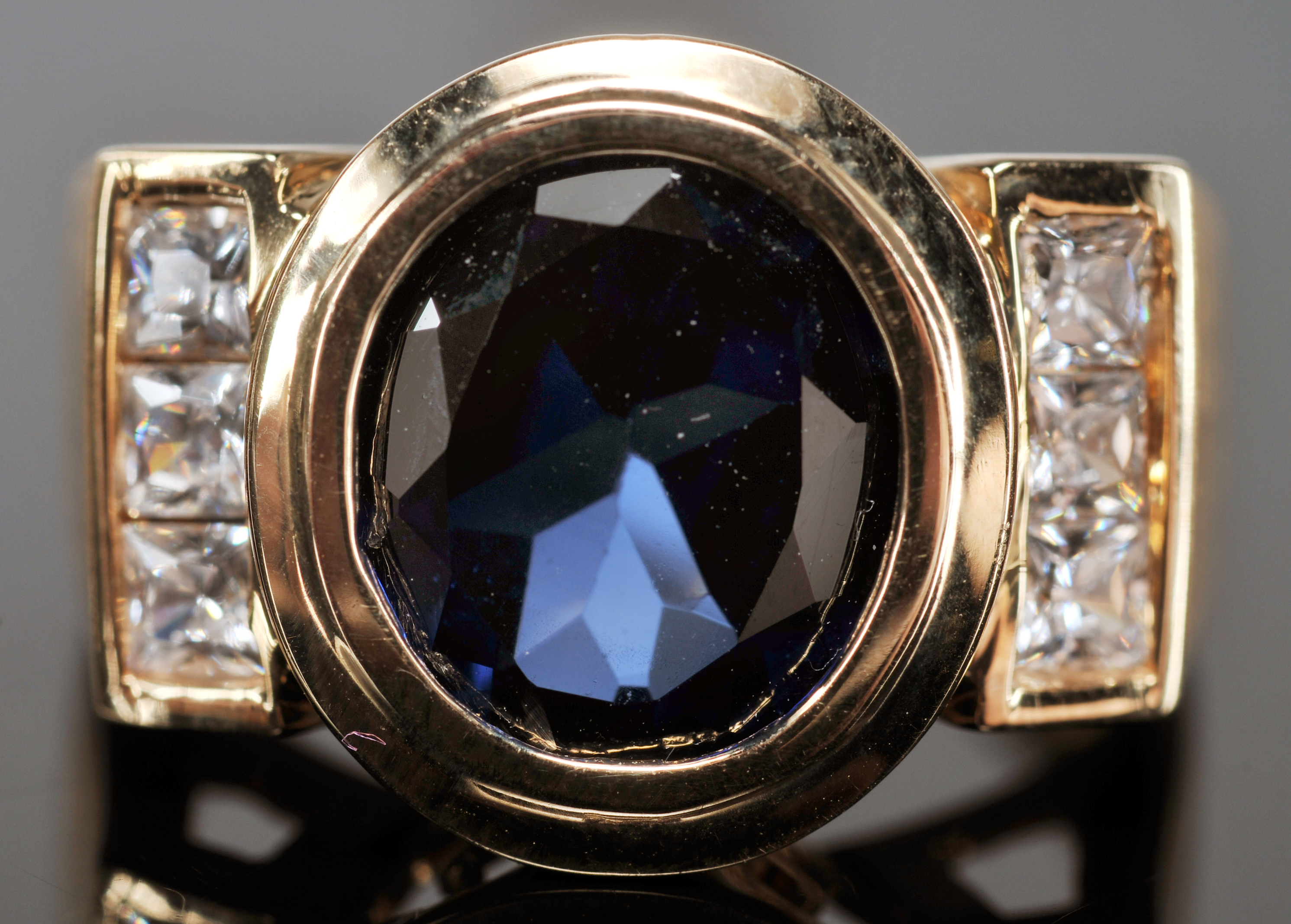 14 K Yellow Gold Ring With Synthetic Clear And Synthetic Blue Stones