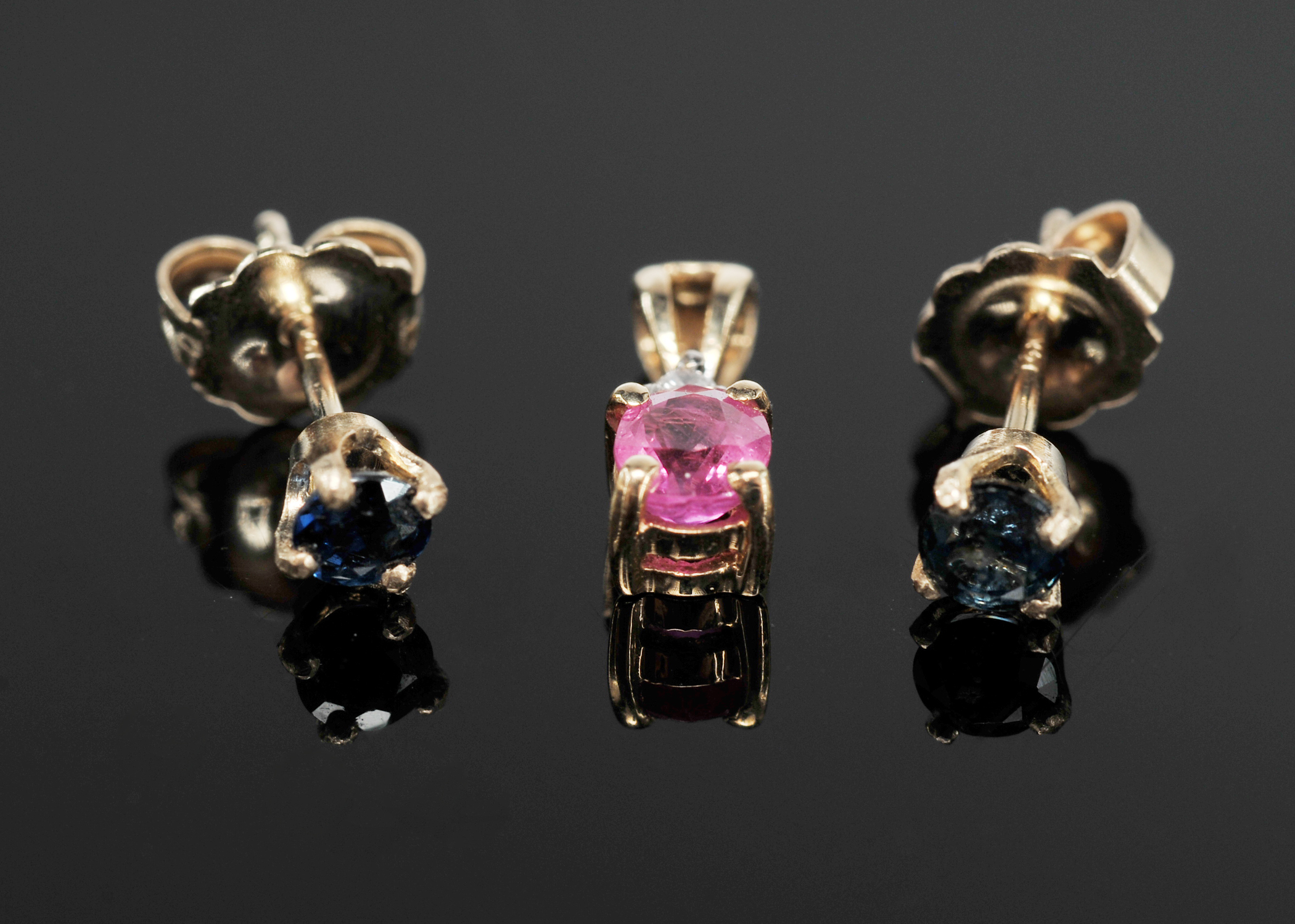  14 K Yellow Gold Pink Sapphire And Diamond Pendant And Blue Sapphire Earrings