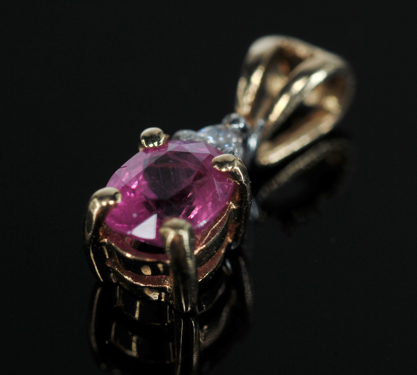  14 K Yellow Gold Pink Sapphire And Diamond Pendant And Blue Sapphire Earrings