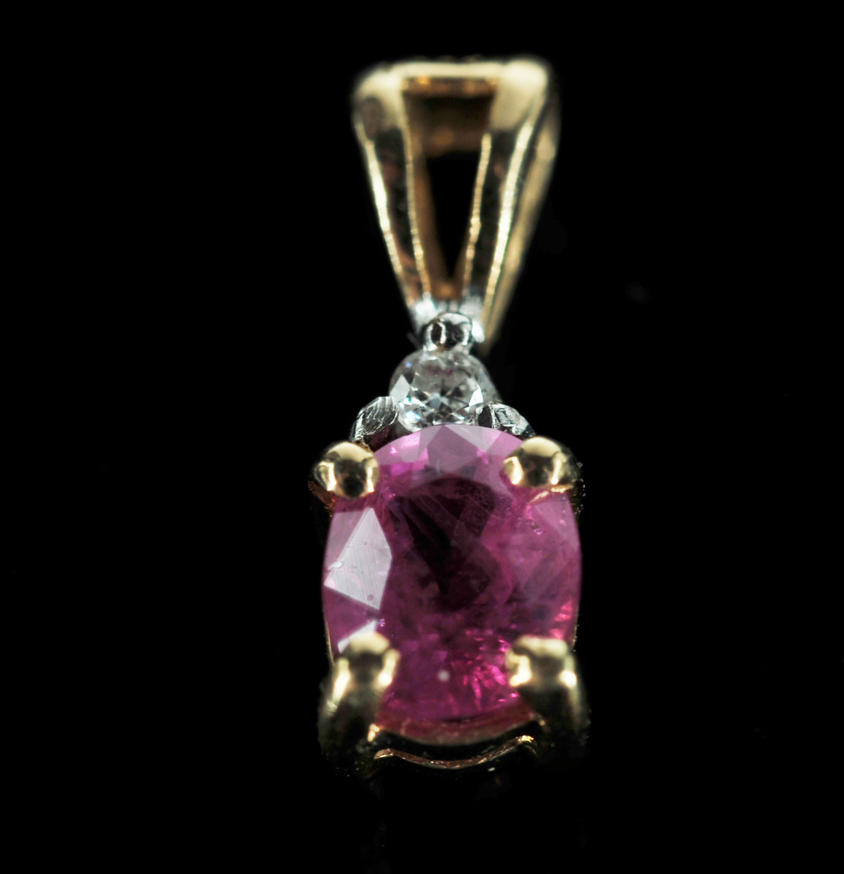  14 K Yellow Gold Pink Sapphire And Diamond Pendant And Blue Sapphire Earrings