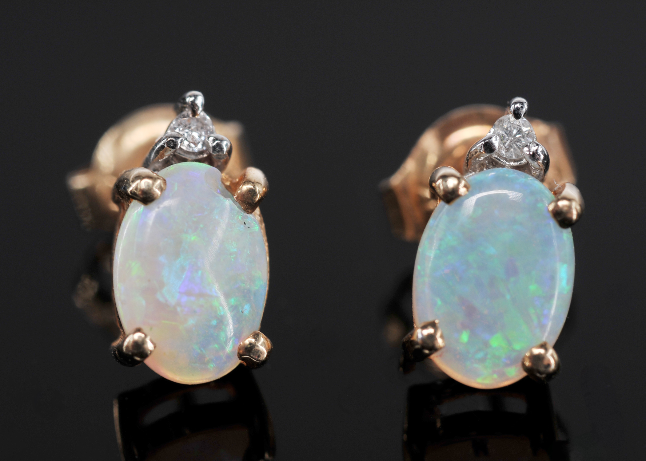 14 K Yellow Gold Opal And Diamond Earrings 
