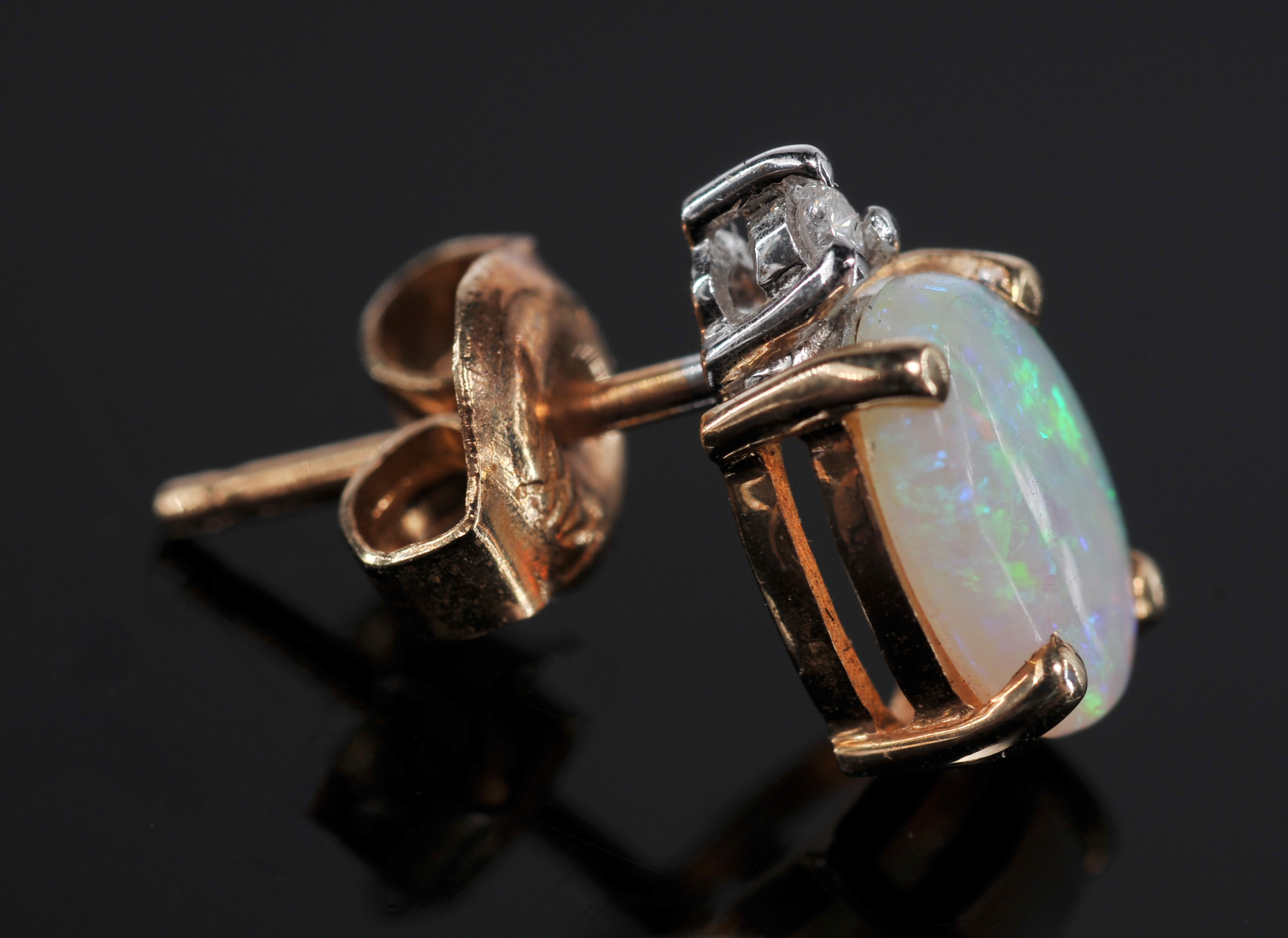 14 K Yellow Gold Opal And Diamond Earrings 