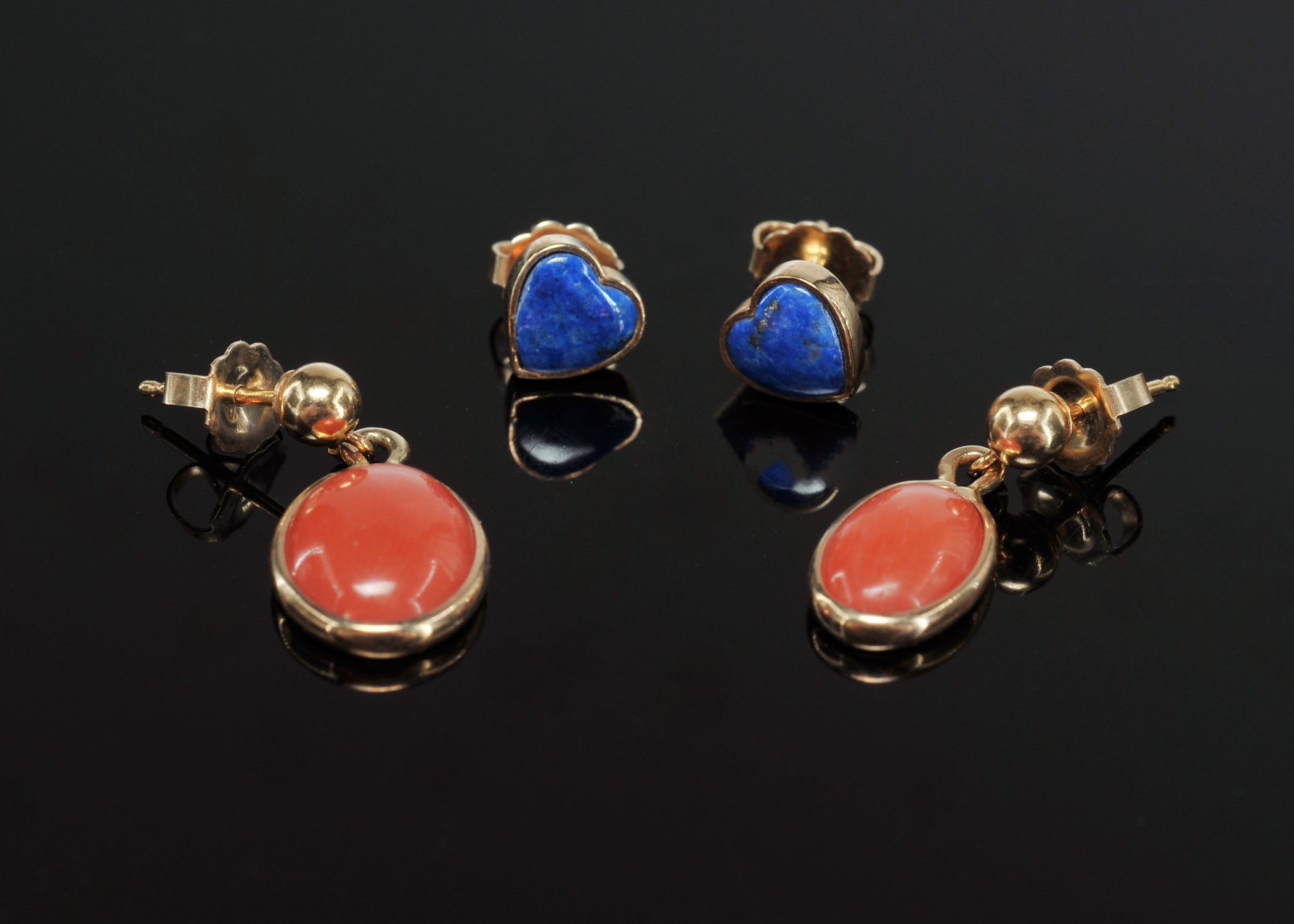 Two Pair Of 14 K Yellow Gold Post Earrings With Lapis And Coral Stones