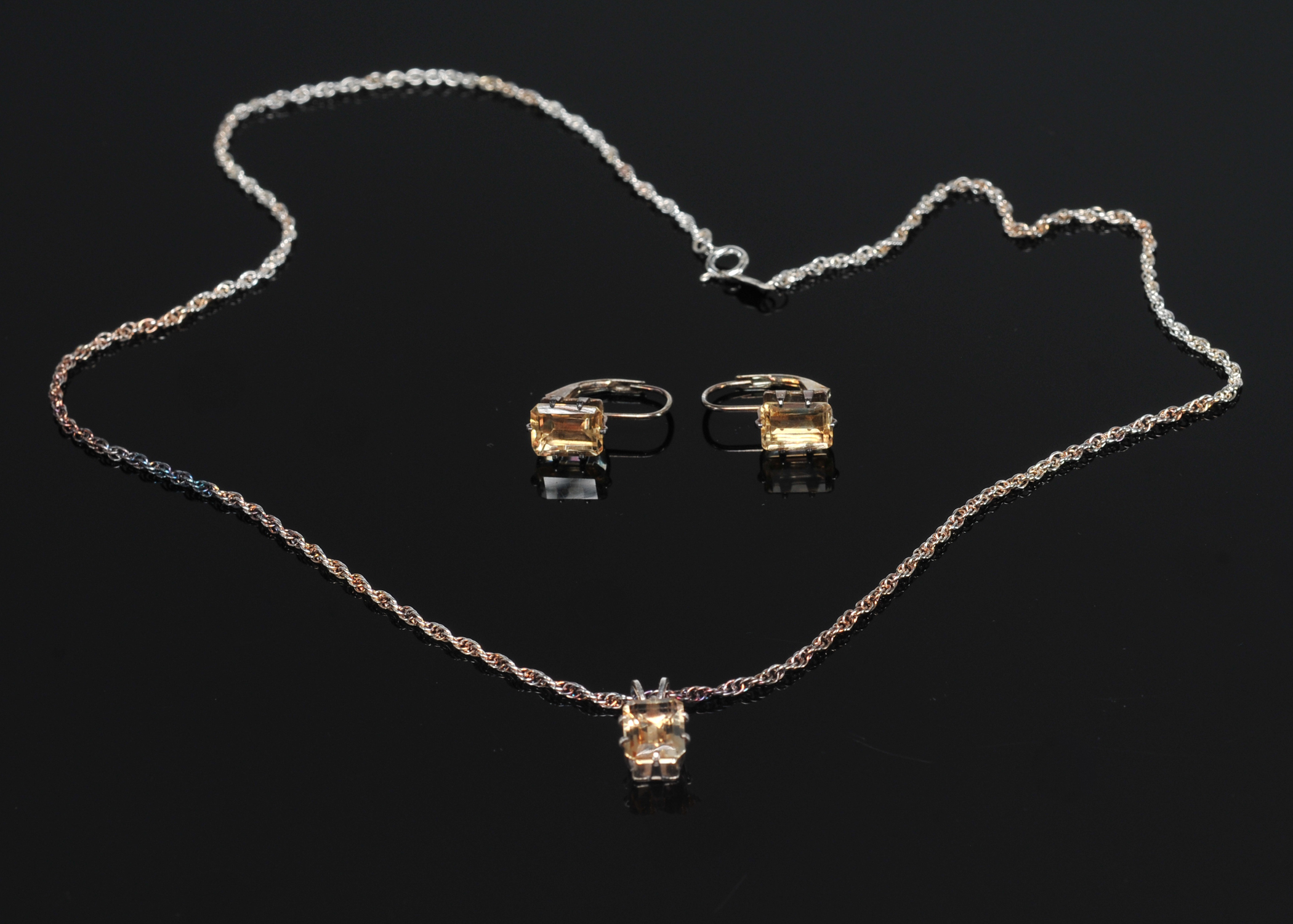 Lady's Sterling Silver Yellow Quartz Pendant Necklace And Earrings