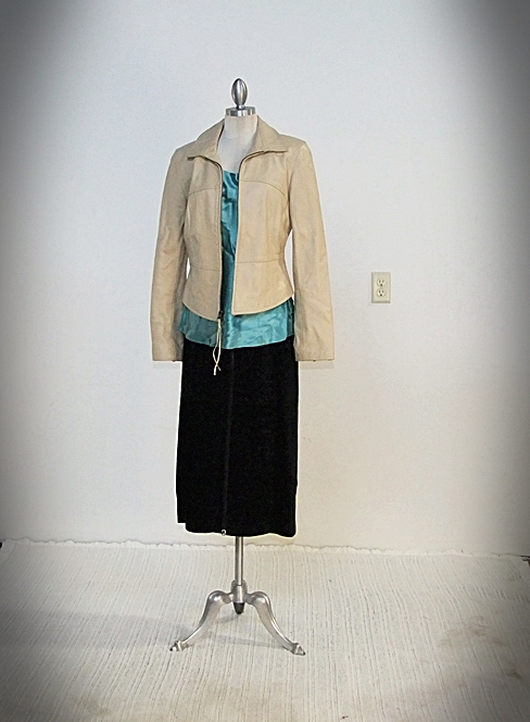 Leather Jacket, Aqua Silk Tank And Suede Skirt