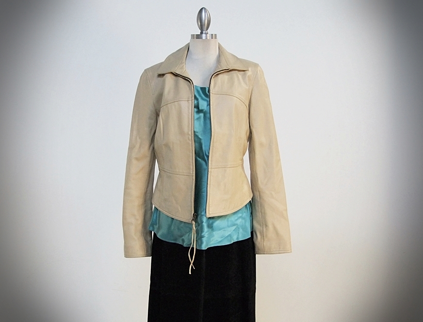 Leather Jacket, Aqua Silk Tank And Suede Skirt