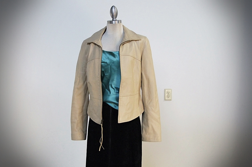Leather Jacket, Aqua Silk Tank And Suede Skirt