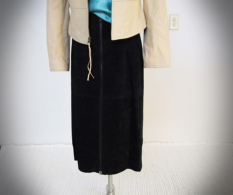 Leather Jacket, Aqua Silk Tank And Suede Skirt