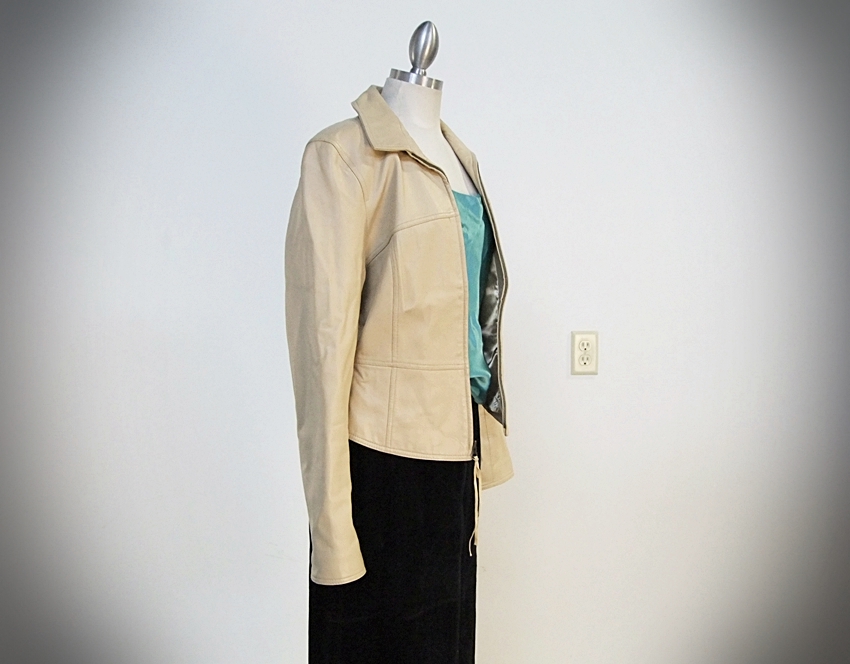 Leather Jacket, Aqua Silk Tank And Suede Skirt