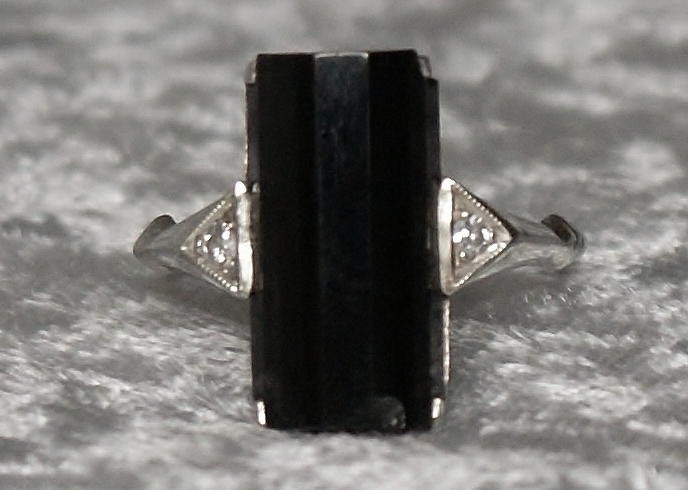 14K White Gold Onyx and Diamond Ring
