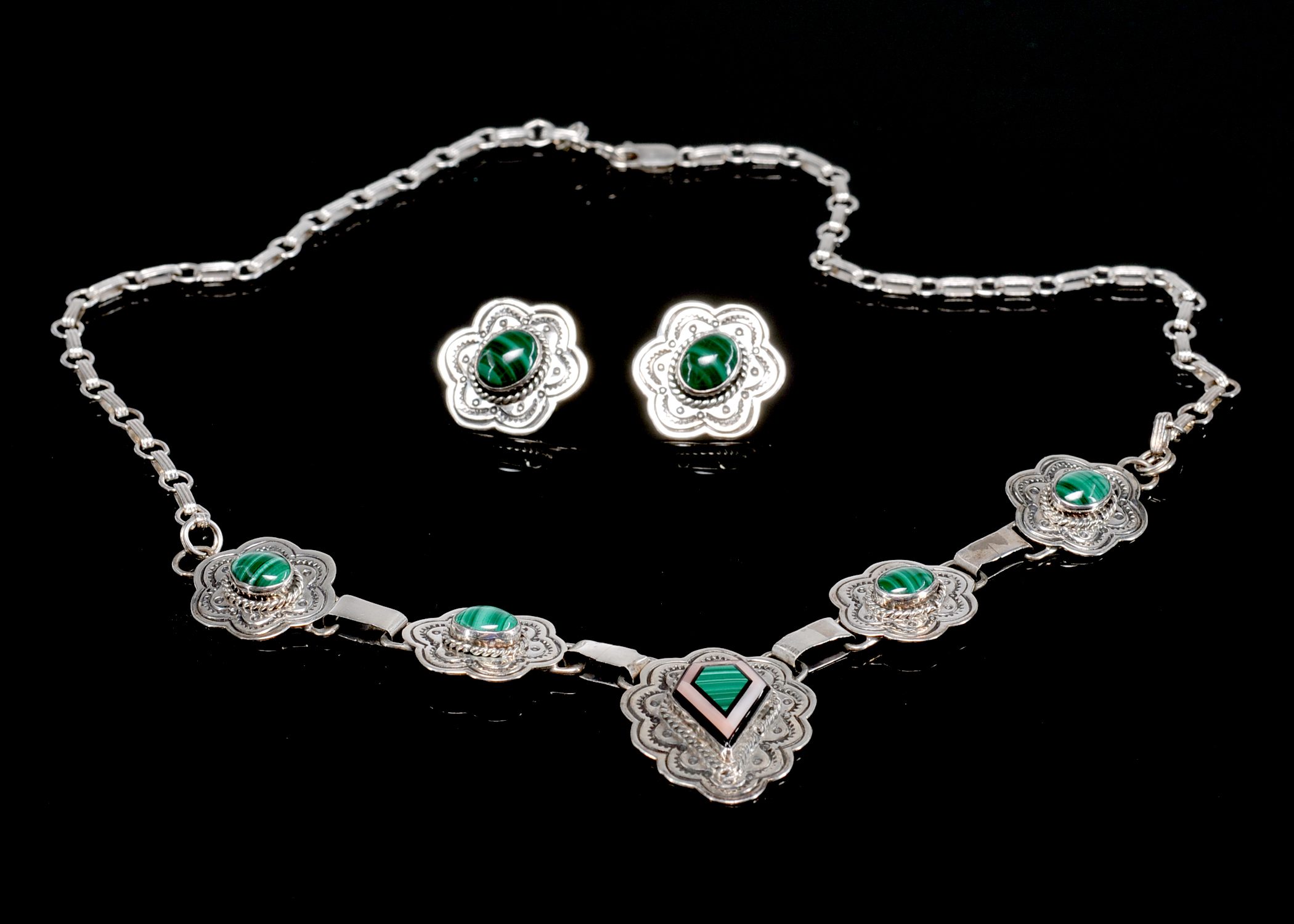 Sterling Silver And Malachite Necklace And Earrings Set