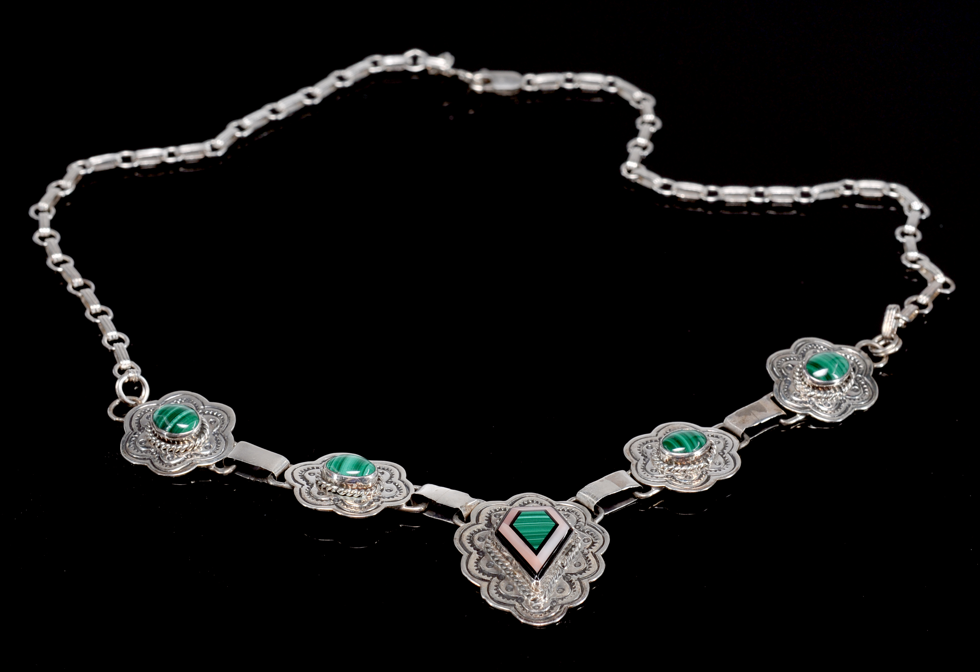 Sterling Silver And Malachite Necklace And Earrings Set