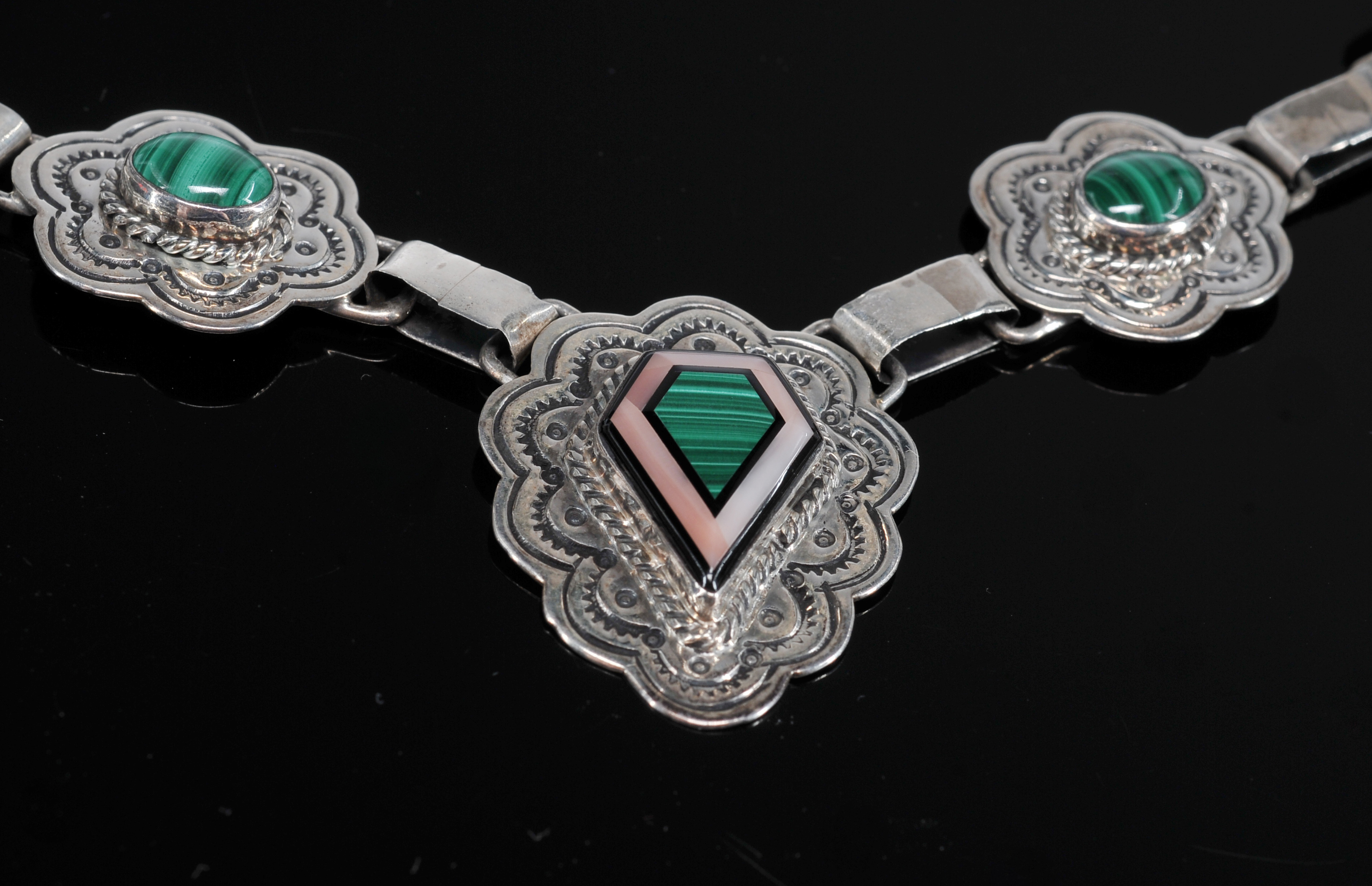 Sterling Silver And Malachite Necklace And Earrings Set