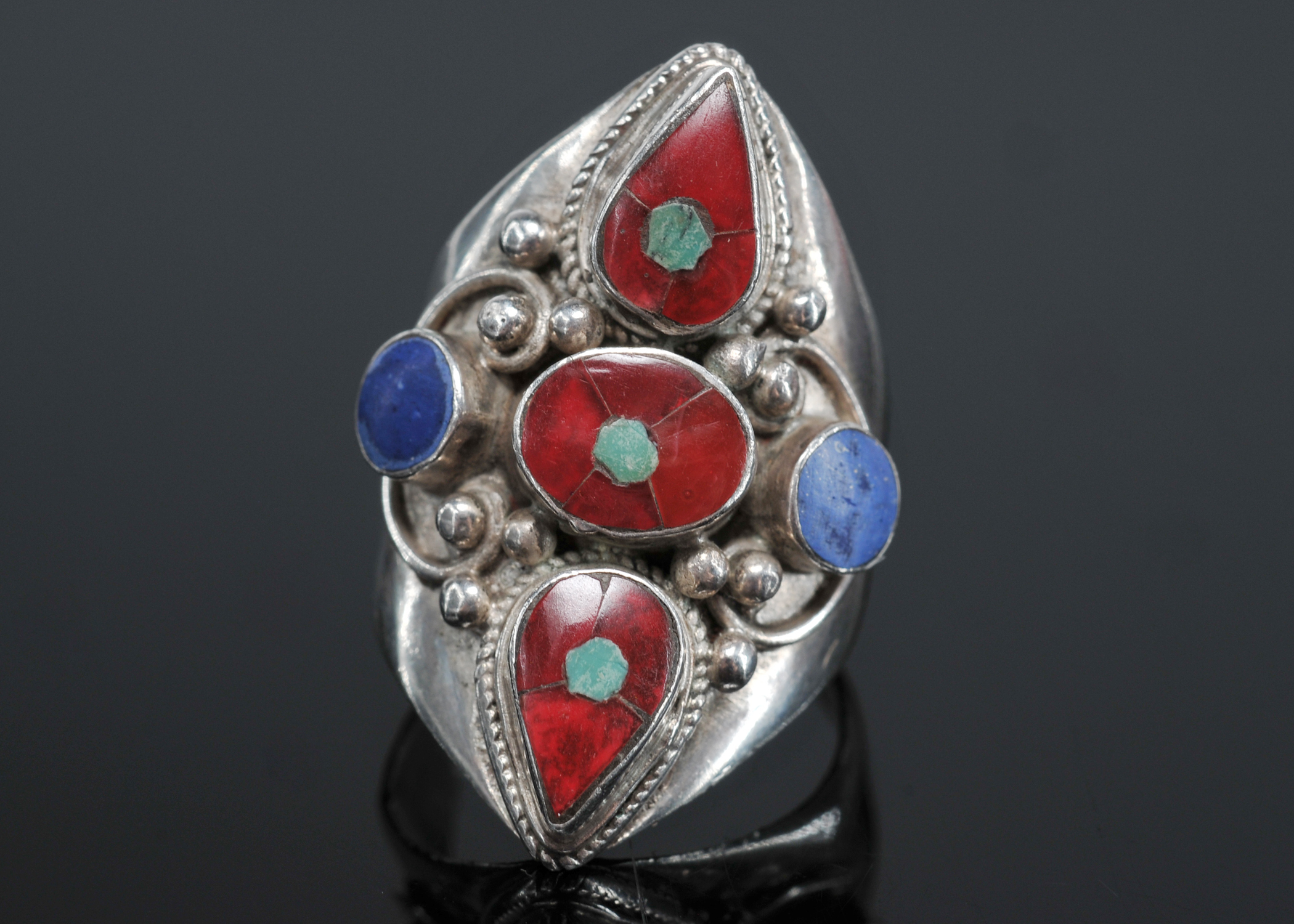  Nepalese Sterling Ring With Inlaid Red Coral And Turquoise An Sodalite Stones