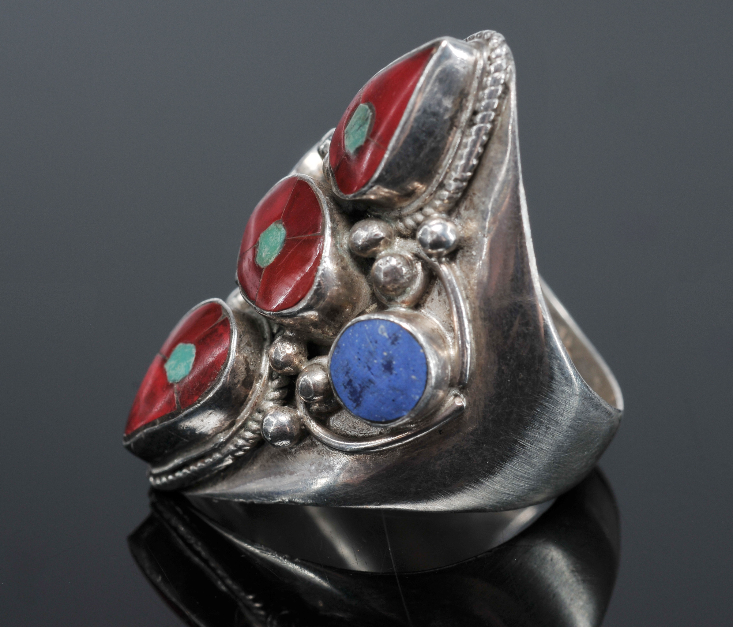  Nepalese Sterling Ring With Inlaid Red Coral And Turquoise An Sodalite Stones
