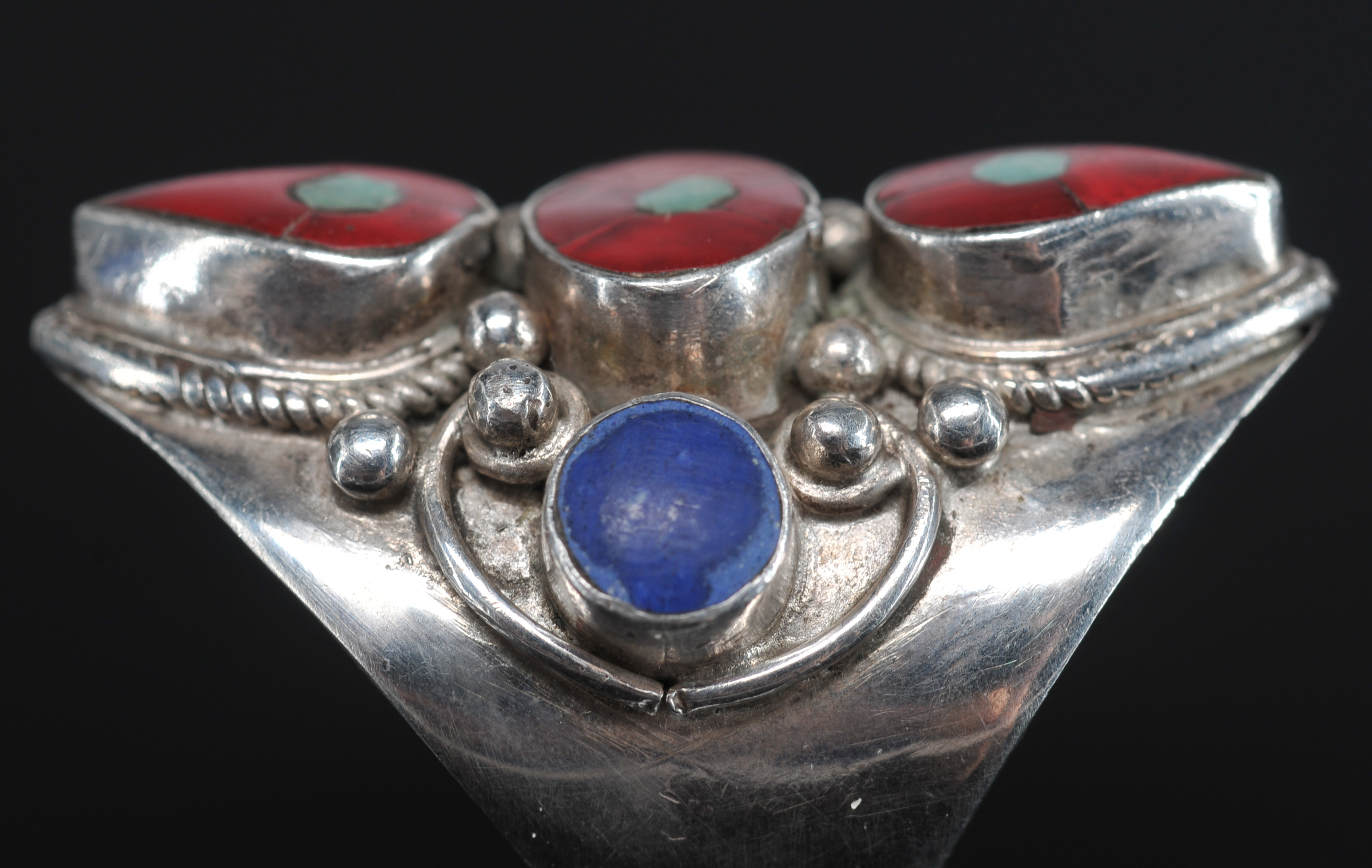  Nepalese Sterling Ring With Inlaid Red Coral And Turquoise An Sodalite Stones