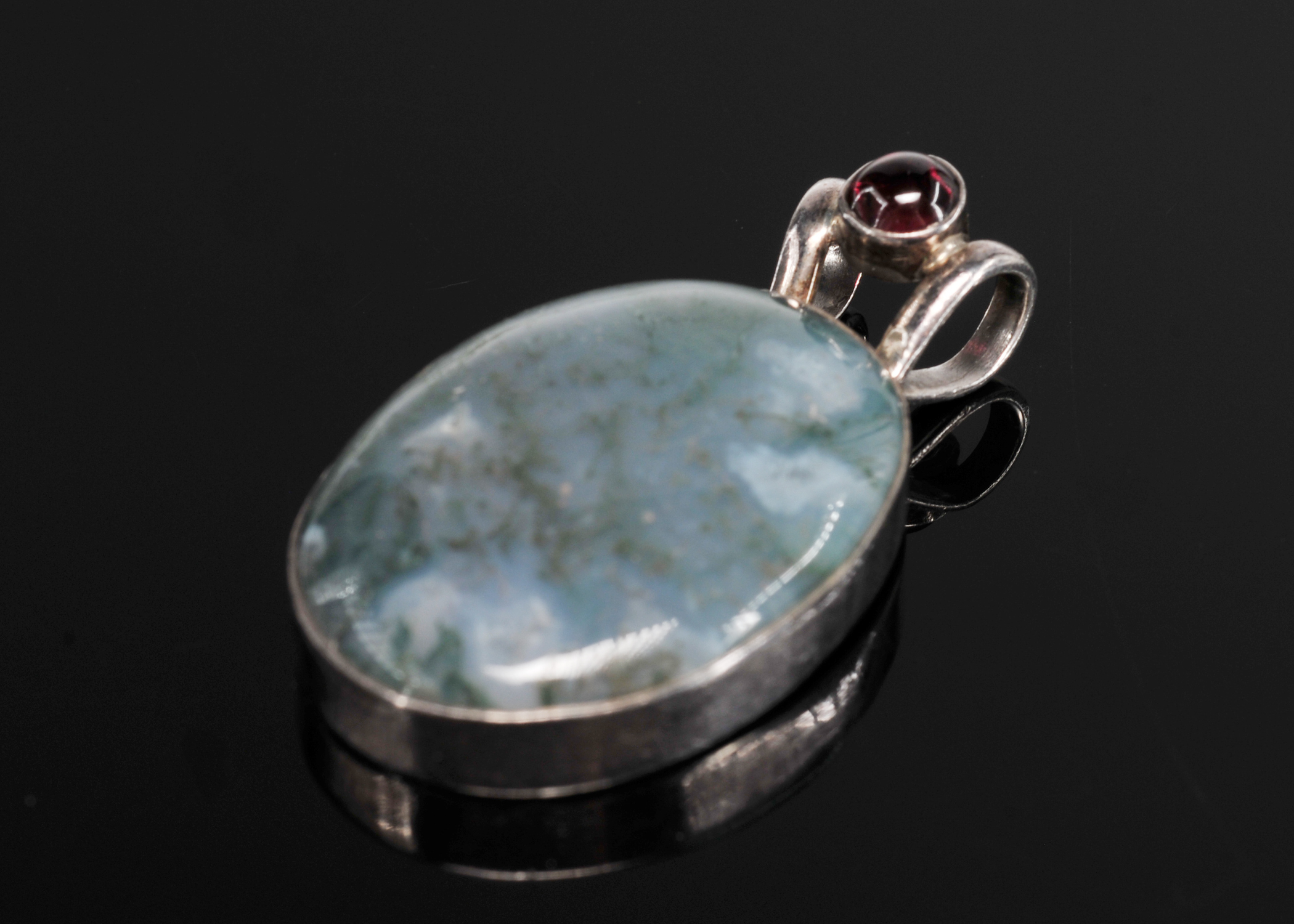 Artisan Made Silver Moss Agate Pendant With Garnet 