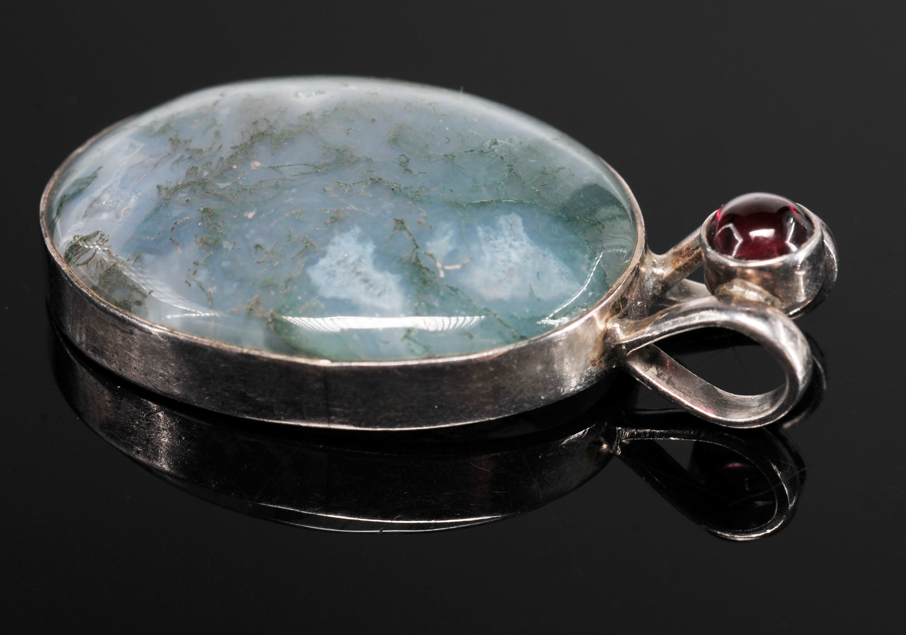 Artisan Made Silver Moss Agate Pendant With Garnet 
