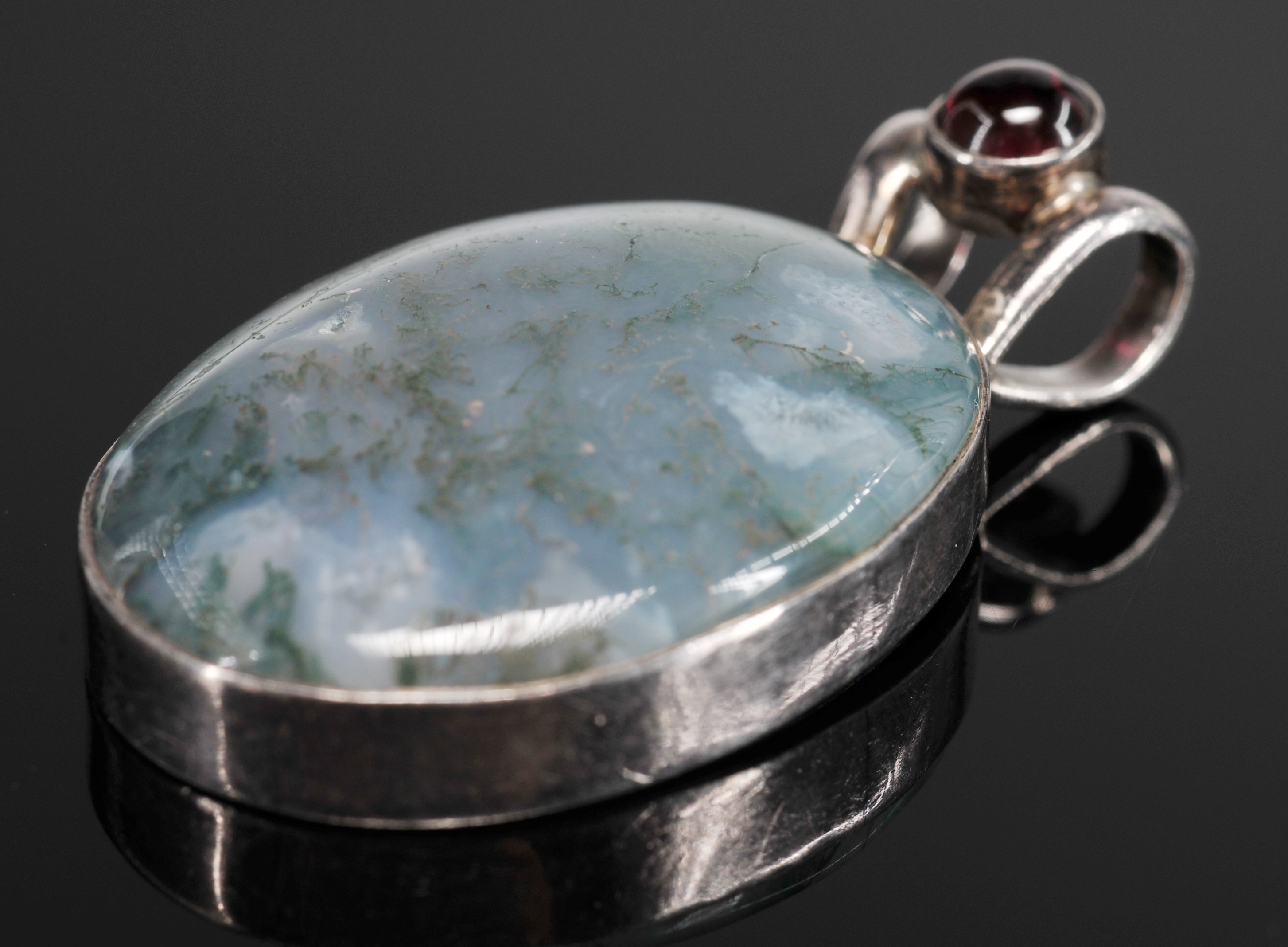 Artisan Made Silver Moss Agate Pendant With Garnet 