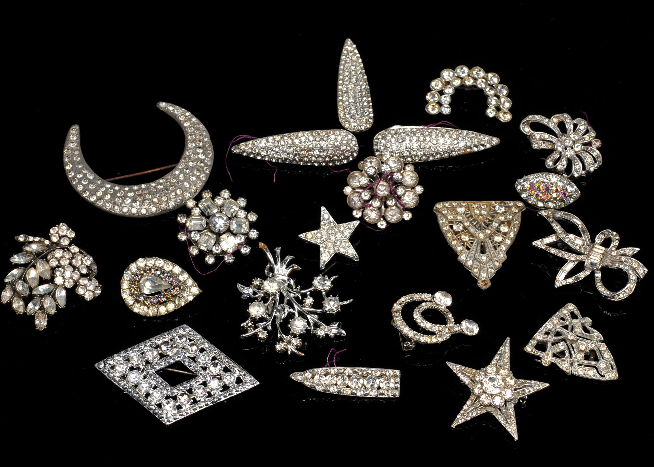 (20) Vintage Rhinetone Brooches And Dress Clips