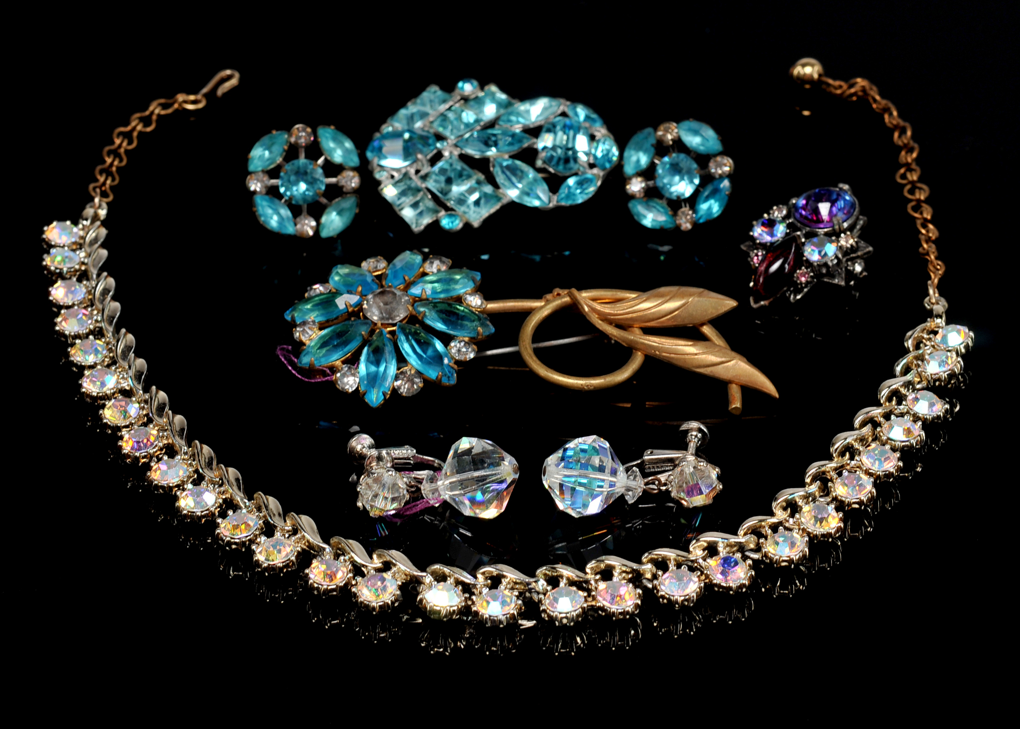  Signed Florenza Brooch And Blue Rhinestone Jewelry