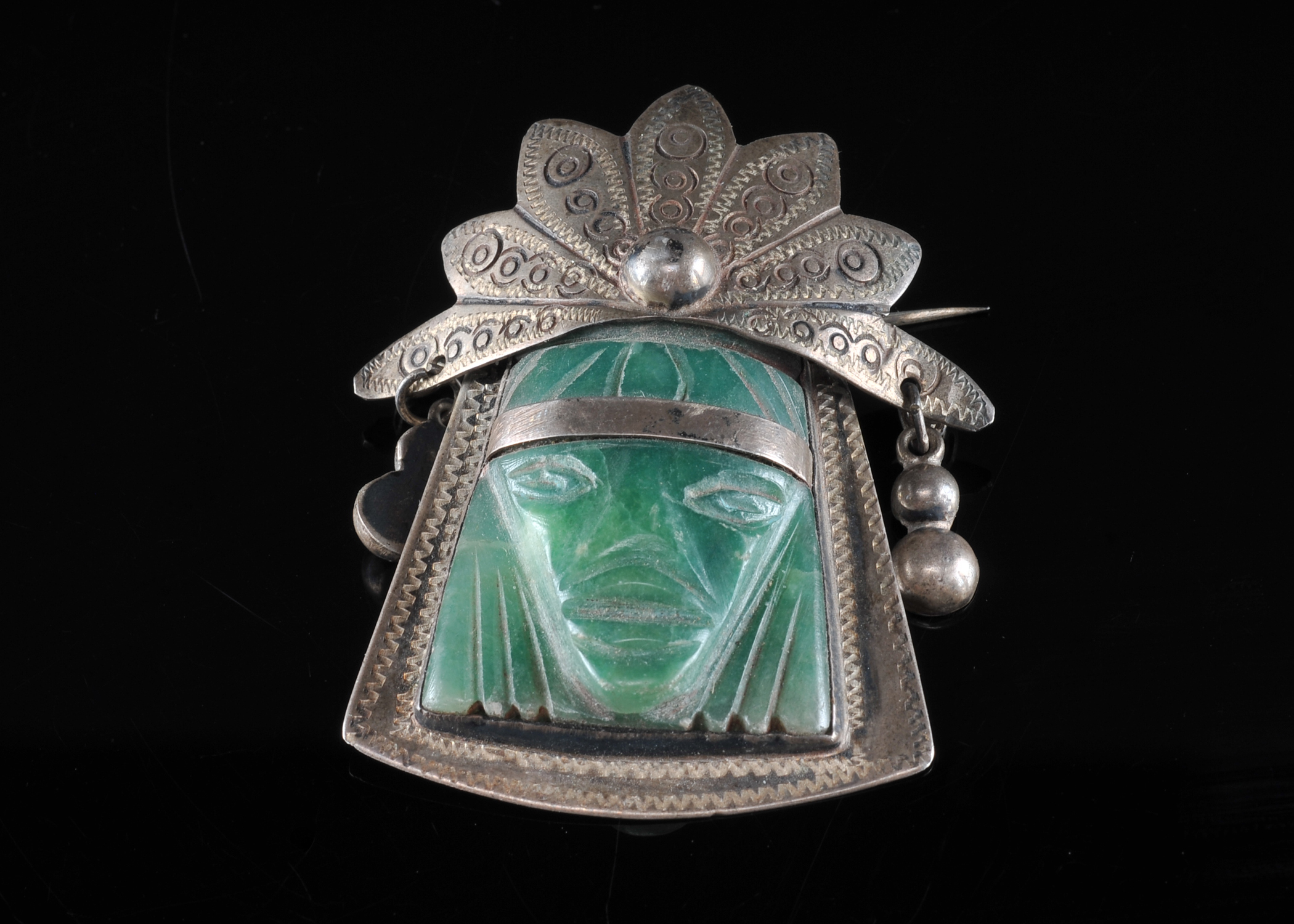 Mexican Silver Aztec Brooch With Carved Aventurine 