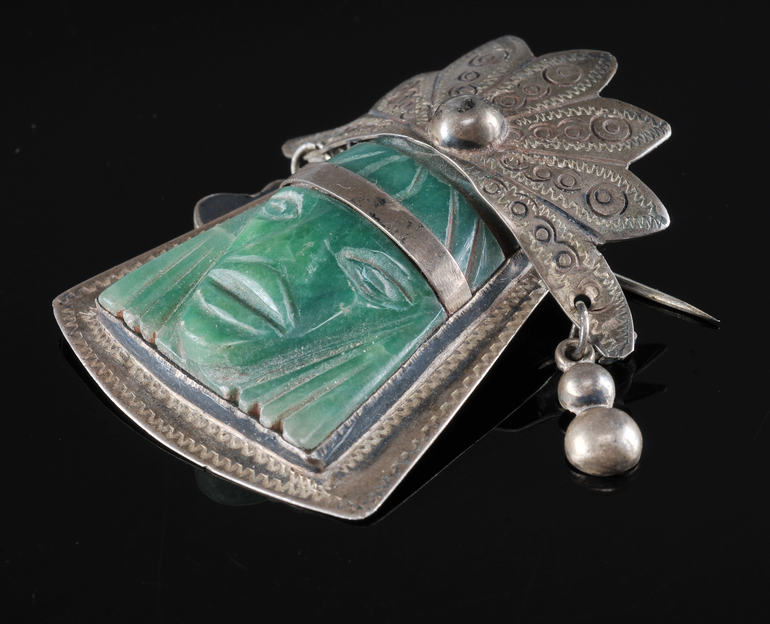 Mexican Silver Aztec Brooch With Carved Aventurine 