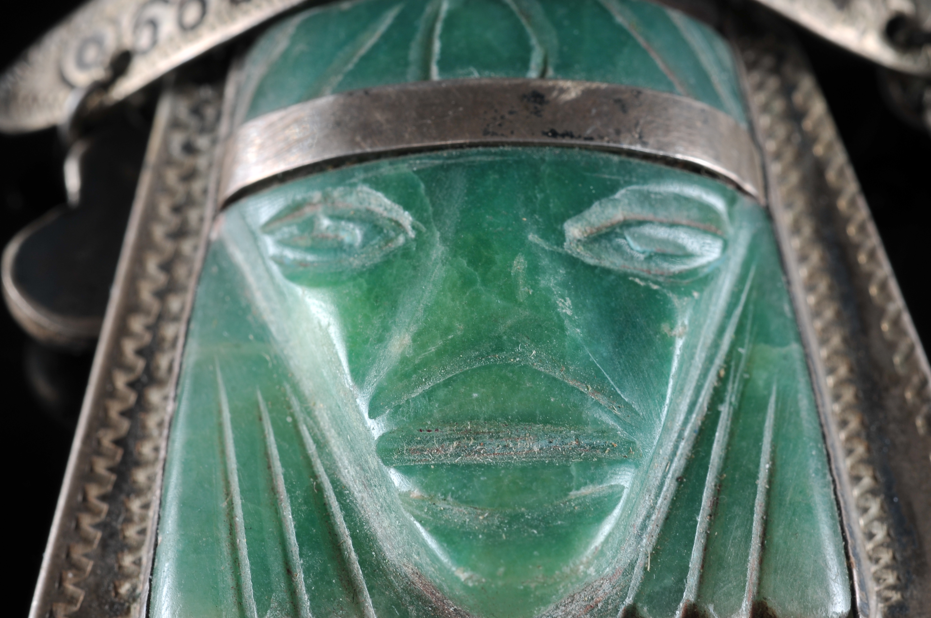 Mexican Silver Aztec Brooch With Carved Aventurine 